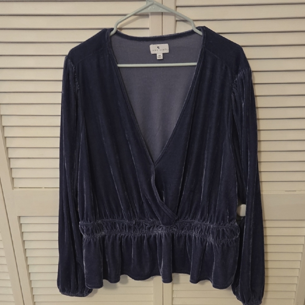Elegant Navy Blue Velvet Wrap Top